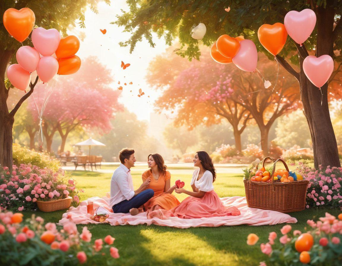 A whimsical scene depicting a couple joyfully engaging in playful activities, surrounded by soft, warm hues of pink and orange. Elements like floating heart-shaped balloons, a picnic setup with vibrant fruits, and subtle sparkles to represent love and warmth should be included. The background features a dreamy, sunlit park filled with flowers and butterflies, creating a serene yet playful atmosphere. vector art. vibrant colors. soft focus.