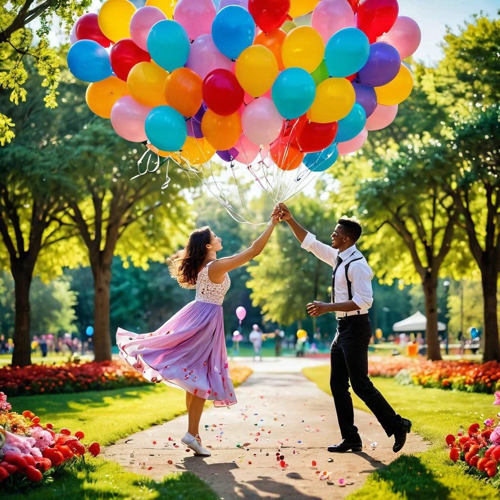 A whimsical scene illustrating a couple engaged in playful activities, like dancing in a colorful park filled with flowers and balloons. Around them are elements symbolizing passion: hearts, art supplies, and musical notes. The atmosphere is bright and cheerful, celebrating love and creativity. Use vibrant colors and a dreamy, soft-focus style to enhance the whimsical feel.