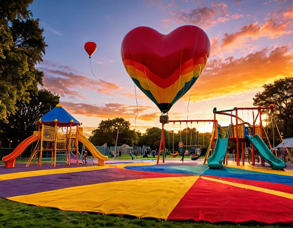 A whimsical scene depicting a heart-shaped balloon soaring over a vibrant playground filled with colorful swings and slides. Children and adults are engaged in playful activities, showcasing joy and connection. In the background, a glowing sunset casts warm light, symbolizing the warmth of devotion. The image should evoke feelings of happiness, playfulness, and deep emotional bonds. vibrant colors. super-realistic.